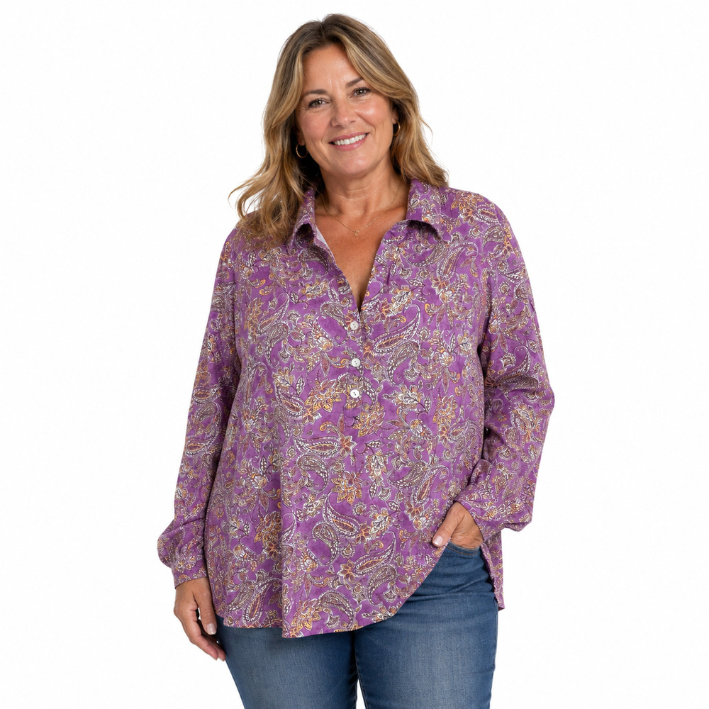 J Jill Purple Orange Long Sleeve Floral 100% Cotton Button Up Shirt Top sz XL